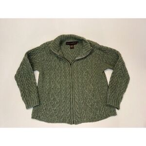 Inis Crafts Ireland 100% Merino Wool Full Zip Aran Cable Knit Sweater Sage XL